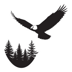 Obraz premium Majestic bald eagle soaring above forest silhouettes in bold black and white illustration