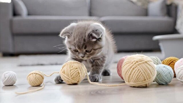 cute kitten playing with a ball of thread