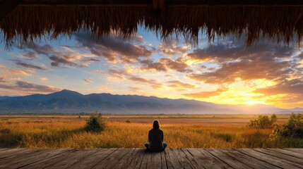 A tranquil sunset scene captures a solitary figure seated on a wooden deck, immersed in the breathtaking landscape of mountains and golden fields bathed in warm light.