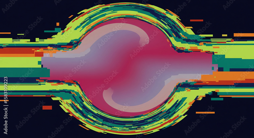 Poster abstract graphic design with vibrant multicolored glitch effect creating a central free space ideal 
