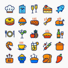 Collection of colorful, outline-style icons representing various food and drink items, restaurant service, and cooking elements.