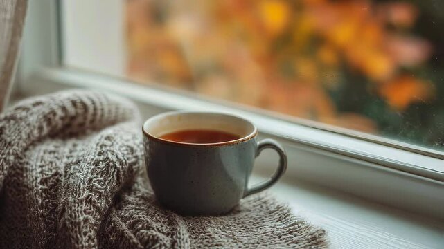 Cozy hygge-inspired autumn scene with steaming hot coffee mug resting on frosty windowsill framed by soft knitted blanket and golden fall leaves in crisp cold weather