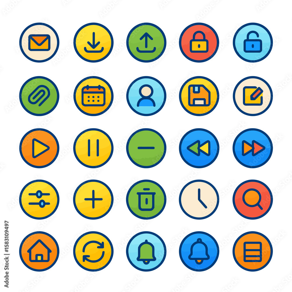Fototapete Collection of colorful, circular, outline icons representing various computer functions and applications.