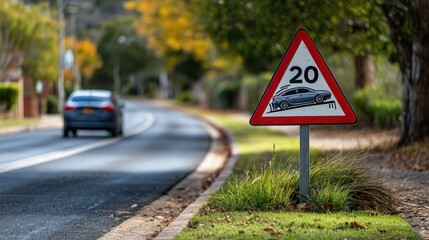 A road sign indicating a speed limit of 20, with a graphical representation of a car.