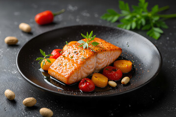 Pan-seared salmon with cherry tomatoes, almonds & parsley garnish