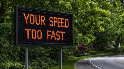 A digital sign displays a warning to drivers, reminding them to reduce their speed for safety.