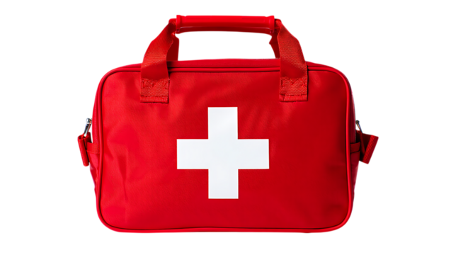 Red medical bag with white cross isolated on transparent background