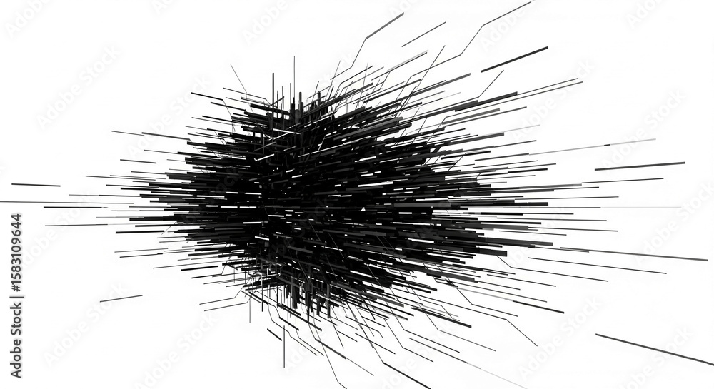 Poster abstract black lines burst from central point, creating dynamic, energetic visual. represents moveme