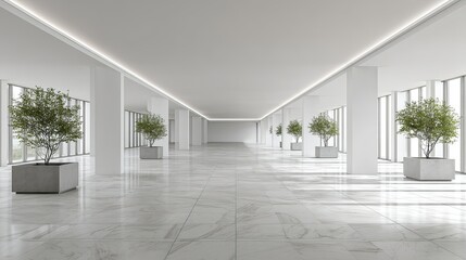 Empty modern lobby with potted plants.