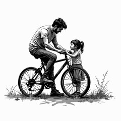 Obraz premium Father helping daughter learn to ride a bike in a grassy field - Concept of relationships, daily life, psychology 