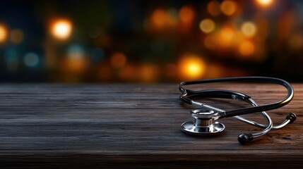 A stethoscope rests on a wooden surface, illuminated by soft, blurred lights in the background, evoking a sense of medical professionalism and calmness in a healthcare setting.