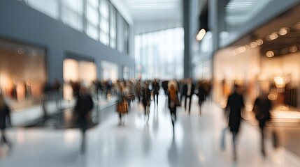 Blurred view of a busy shopping mall interior.