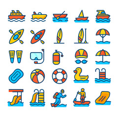 Colorful icons depicting various water sports and recreational activities, including boating, swimming, and diving equipment.