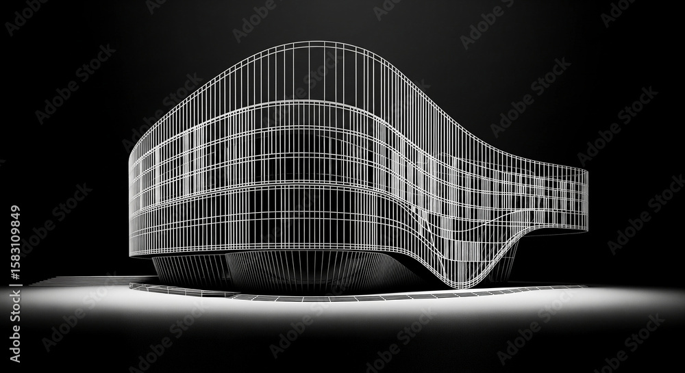 Poster wireframe rendering of a modern building, showcasing its sleek, curved design and architectural deta