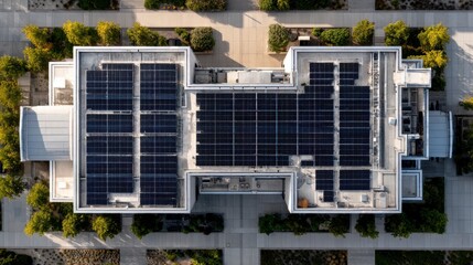 This aerial view showcases a modern building equipped with solar panels, emphasizing renewable energy use and sustainable architecture in urban environments.