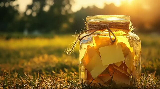 Glass jar filled with yellow sticky notes outdoors