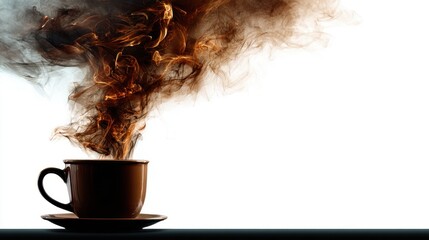 A steaming cup of coffee releases swirls of aromatic steam, creating a captivating visual effect against a minimalist background.