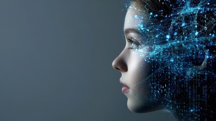 This striking image captures the merging of human consciousness with advanced digital technology, illustrating the harmony between the natural world and artificial intelligence.