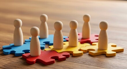 wooden toy puzzle pieces, RelevanceColorful wooden figures represent diverse people connecting on jigsaw pieces. Teamwork, diversity concept visualizes HR strategies for inclusive workplace cultures. 