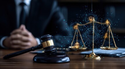 A modern courtroom scene featuring a gavel and digital justice scales, symbolizing the integration of technology in legal practices and the future of law.