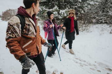 A group of friends hiking through a snowy forest, enjoying outdoor activities and winter exploration while bonding and creating memories with each other in the serene natural surroundings.