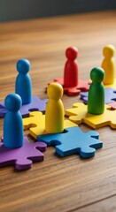 colorful puzzle pieces on the table, RelevanceColorful wooden figures represent diverse people connecting on jigsaw pieces. Teamwork, diversity concept visualizes HR strategies for inclusive workplace