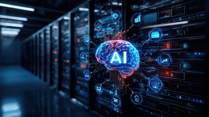 This image illustrates the integration of artificial intelligence within data centers, showcasing a vibrant brain symbol connected to various data-driven applications