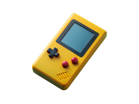 Photo of a yellow retro handheld game console isolated on transparent background
