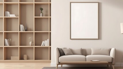 Frame mockup, ISO A paper size. Living room wall poster mockup. Interior mockup with house background. Modern interior design. 3D render