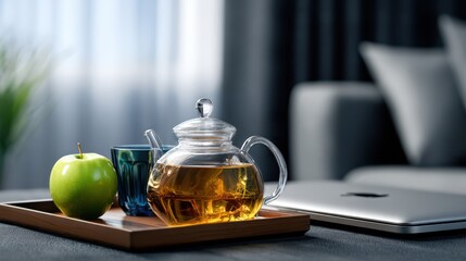 Experience a serene moment with a glass teapot, a vibrant green apple, and a blue glass, perfect for relaxation and mindfulness.