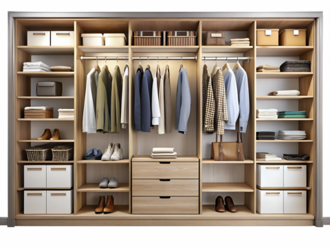 Photo of a modern, organized closet with clothes and storage isolated on transparent background