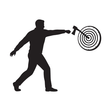 Silhouetted figure throwing an axe at a target in a lumberjack axe throwing sport