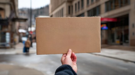 A hand holds a blank card in the city, symbolizing communication and expression amidst urban life.