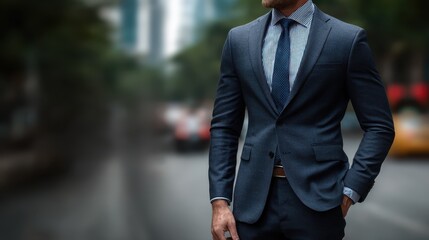 A well-dressed man stands confidently on a bustling city street, showcasing a modern suit that exudes professionalism and style amidst the urban landscape.