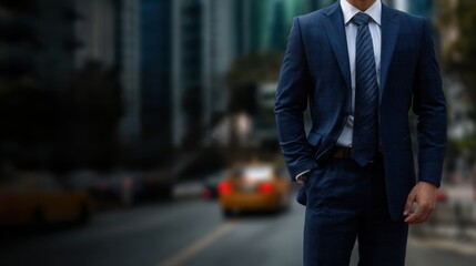 A well-dressed man in a blue suit stands confidently on a bustling city street, embodying the essence of urban professionalism and modern sophistication.