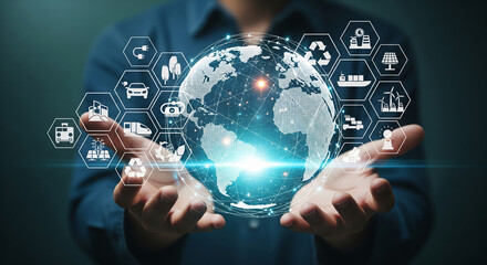 Hands holding digital globe with interconnected sustainability icons, showcasing global network, eco-friendly technology and environmental responsibility