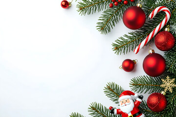 Festive Christmas border with red baubles and evergreen branches