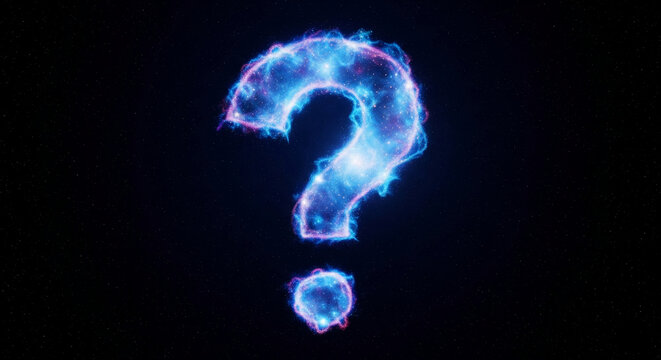 Luminous blue question mark, cosmic nebula texture, against dark space background, symbolizing mystery, inquiry, and the unknown