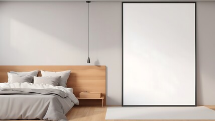 Modern bedroom interior with large framed vertical poster mockup on pastel wall in natural light and warm minimalist decor concept space template layout. 3D Rendering