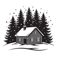 Fototapeta premium Winter scene illustration of a snow covered cabin and pine trees under falling snow