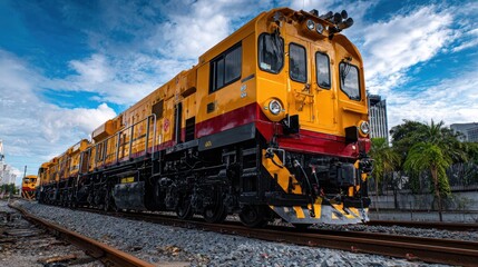 A striking yellow and red railway engine is showcased against a backdrop of a bright blue sky, demonstrating the blend of industrial design and natural beauty.