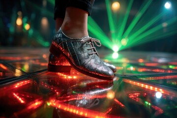 Close-up of dance shoes standing on an illuminated glass floor with vibrant LED light patterns