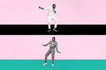 Trend image collage of people stand dance on lines road route on pink background