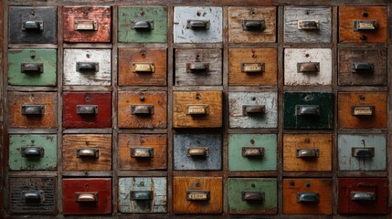 Discover a beautifully weathered array of vintage drawers, showcasing a variety of colors and textures that evoke nostalgia and charm.