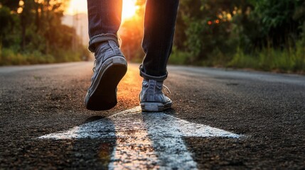 A person strides along a quiet road at sunset, symbolizing a journey filled with hope and possibility.