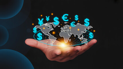Global currency symbols on world map held in hand holding