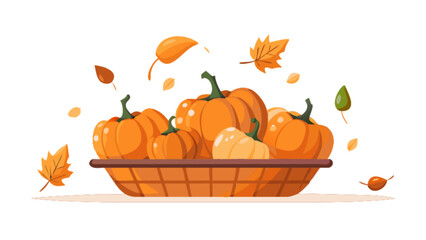 Fall harvest pumpkins in basket autumn leaves thanksgiving seasonal decoration festive still life design
