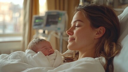 New mother resting peacefully with her newborn baby in hospital bed