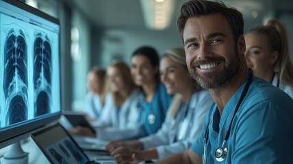 Smiling doctor with medical team reviewing X-rays in modern hospital setting