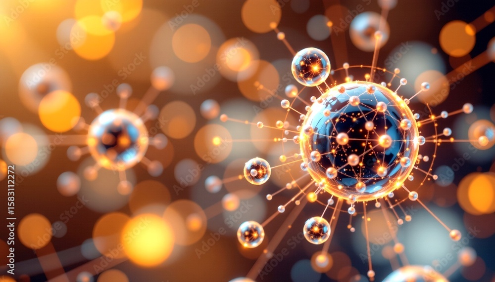 Poster close-up view of a virus particle against a background of bokeh lights. detailed illustration of mic
